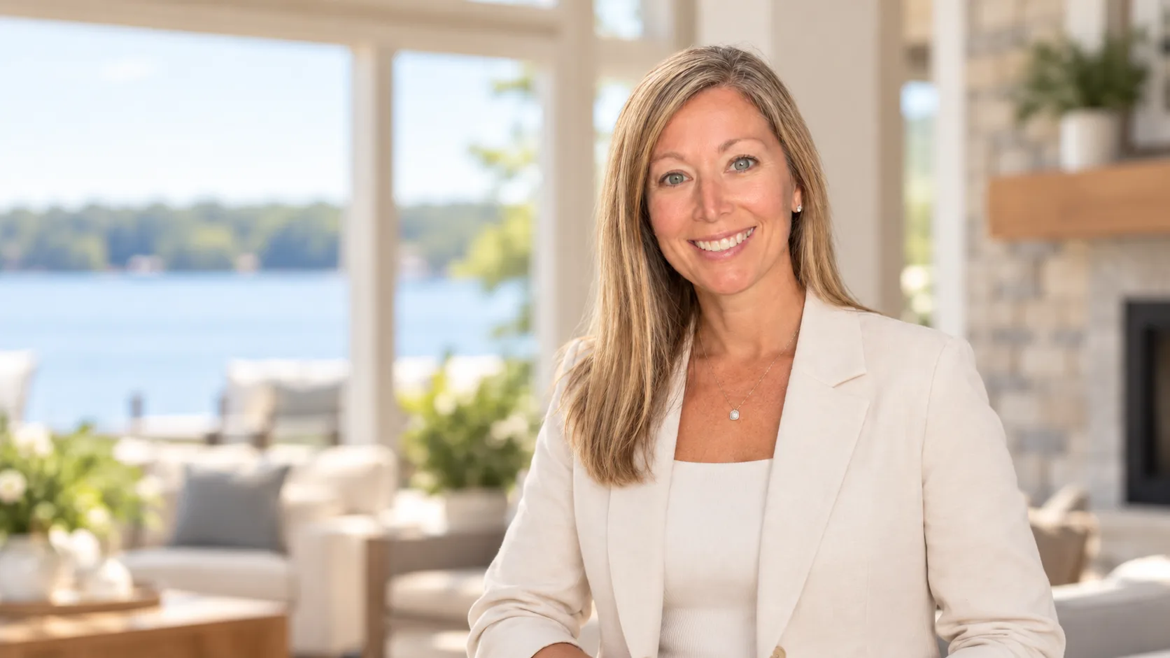Amie Oren smiling in a bright living room with a lake view behind her